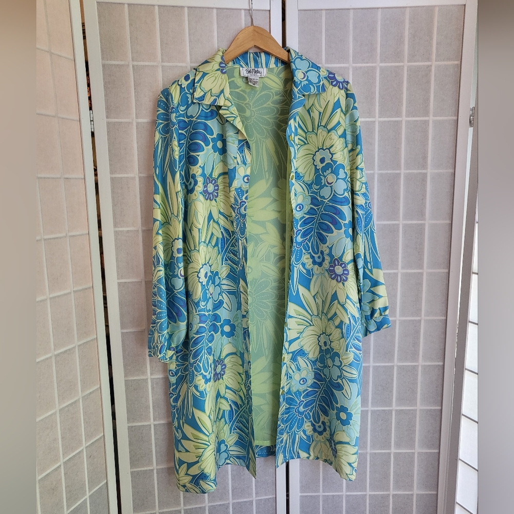 Bob Mackie Studio Silk Duster Shirt Dress in Blue and Green Sz S